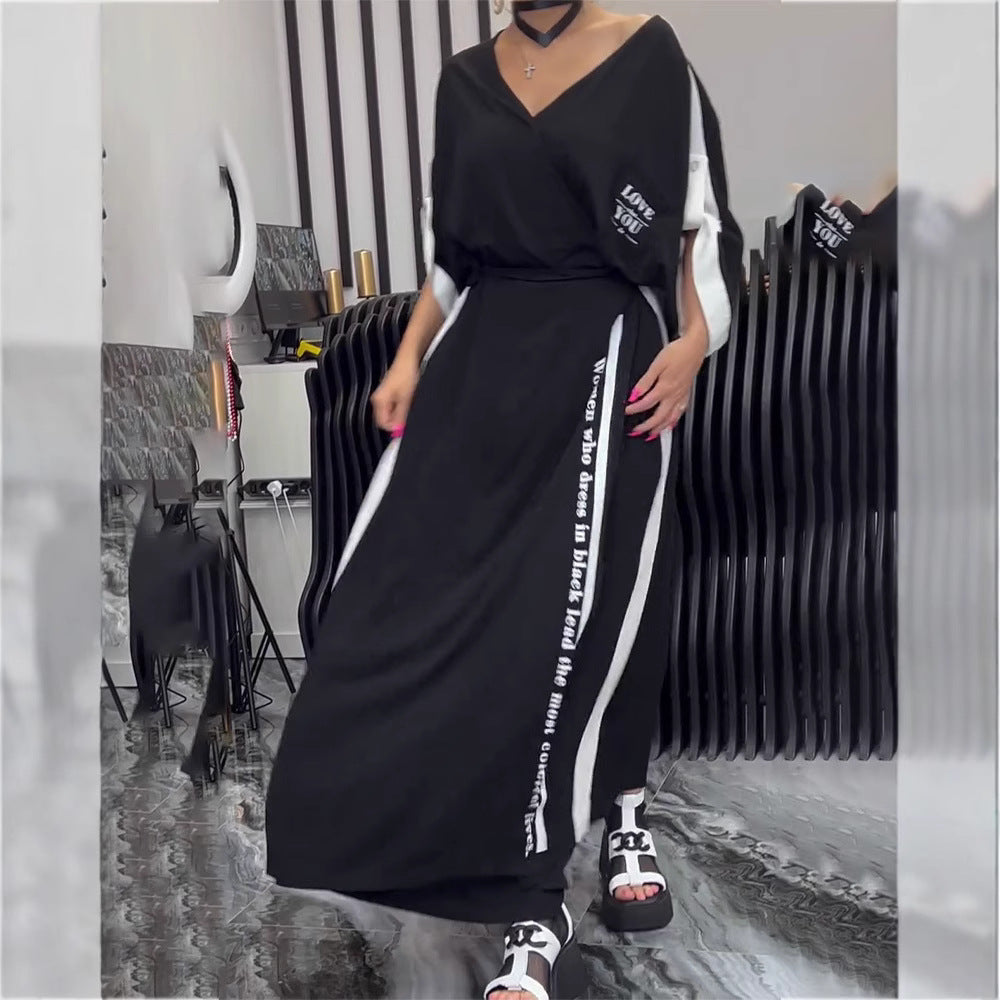 Damen nan sportlich-elegantes Maxikleid mit V-Ausschnitt, Taillengürtel, Kontrastseitenband und Brusttasche Drune