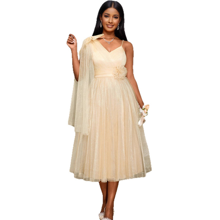 Damen festliches Midikleid mit asymmetrischem Chiffon-Overlay und floraler Applikation Drune