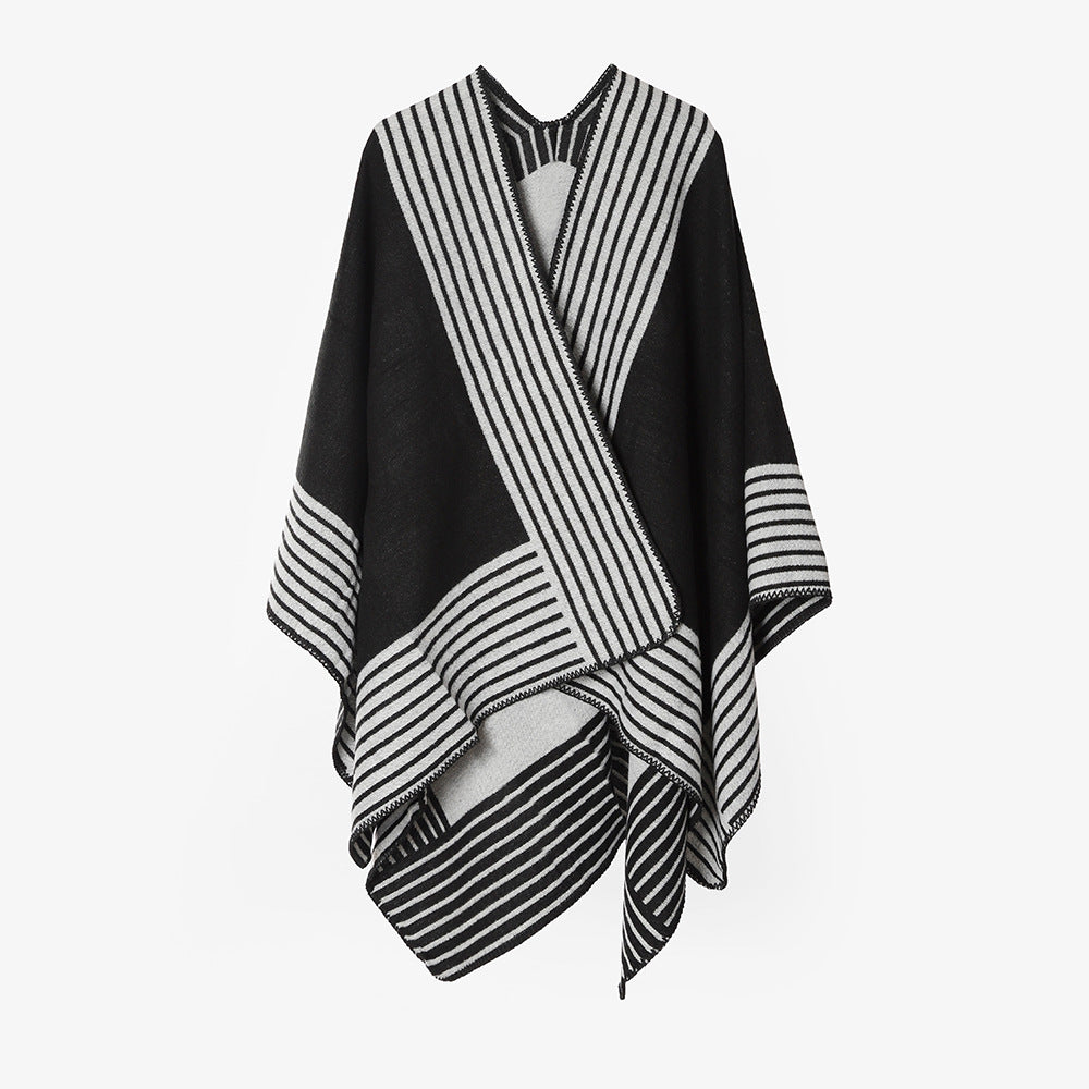 Damen Oversize‑Poncho im Cape‑Stil aus Wollmix mit diagonalen Streifen und Ziernaht Drune
