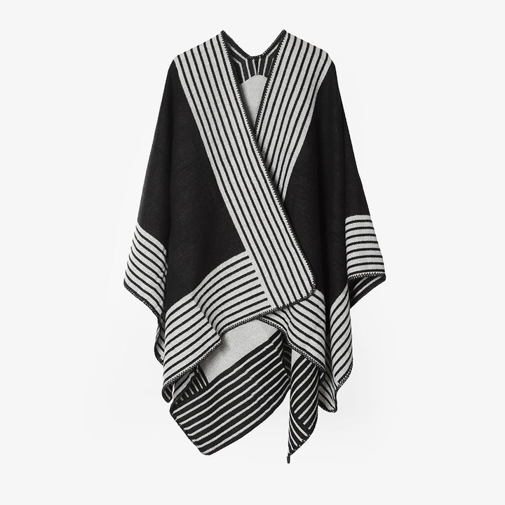 Damen Oversize‑Poncho im Cape‑Stil aus Wollmix mit diagonalen Streifen und Ziernaht Drune
