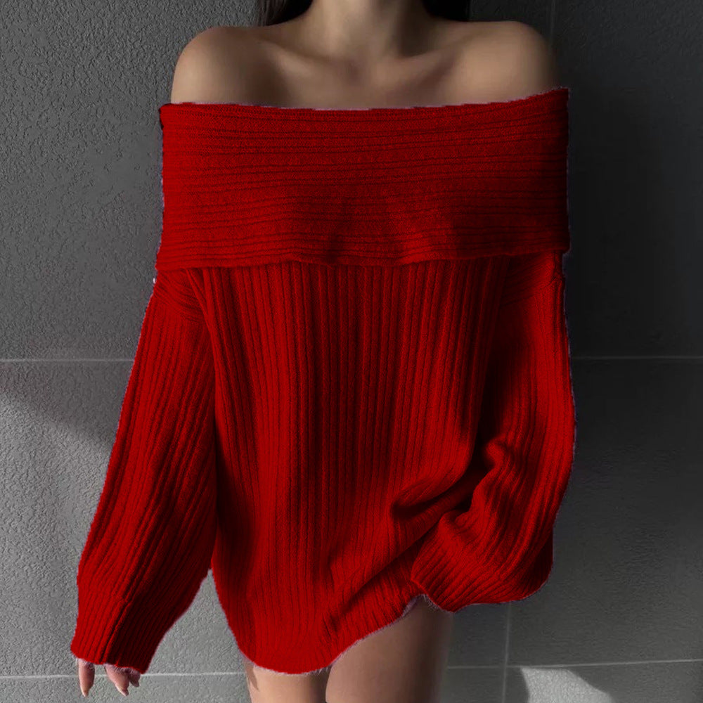 Damen Off-Shoulder Strickpullover mit Rippstruktur und weit geschnittenen Ärmeln Drune