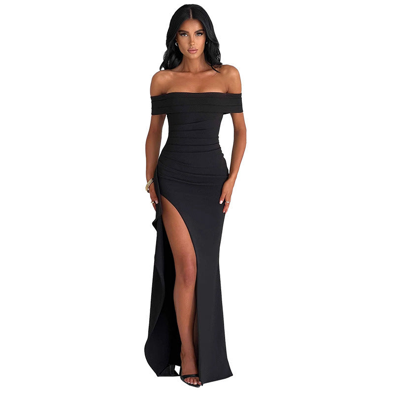 Damen elegantes schulterfreies Wickelkleid mit hohem Schlitz Drune