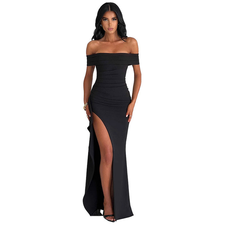 Damen elegantes schulterfreies Wickelkleid mit hohem Schlitz Drune