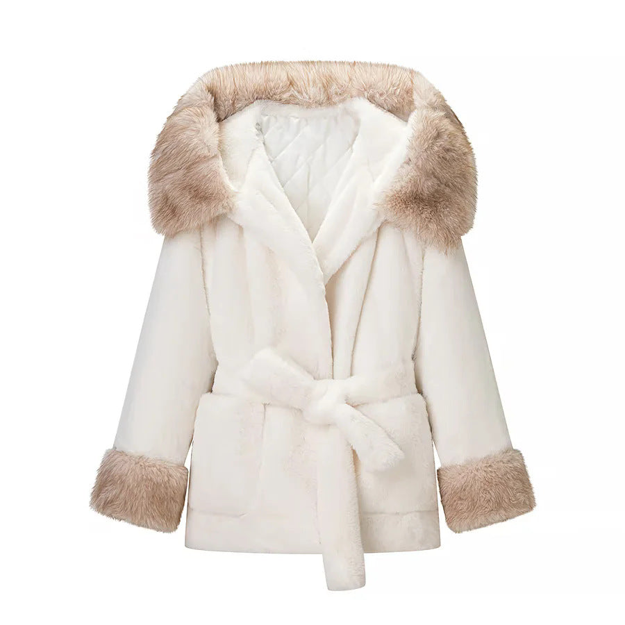 Damen nan kuschelige Kunstfell-Manteljacke mit Kapuze, Taillengürtel und Kontrastfutter Drune