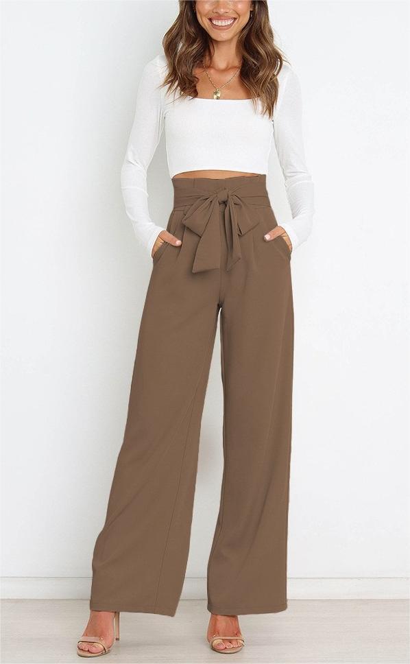 Damen elegante Hochbundhose mit Bindegürtel und weitem Bein Drune