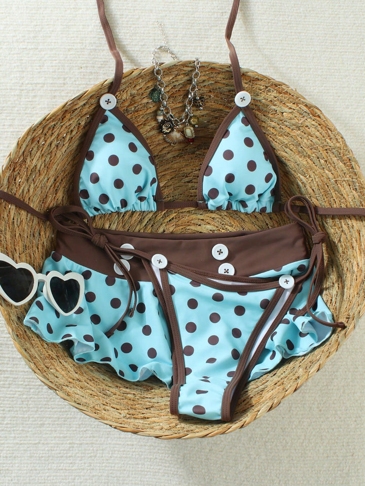 Damen Triangel-Bikini mit Rüschen und modischem Punkten-Design Drune