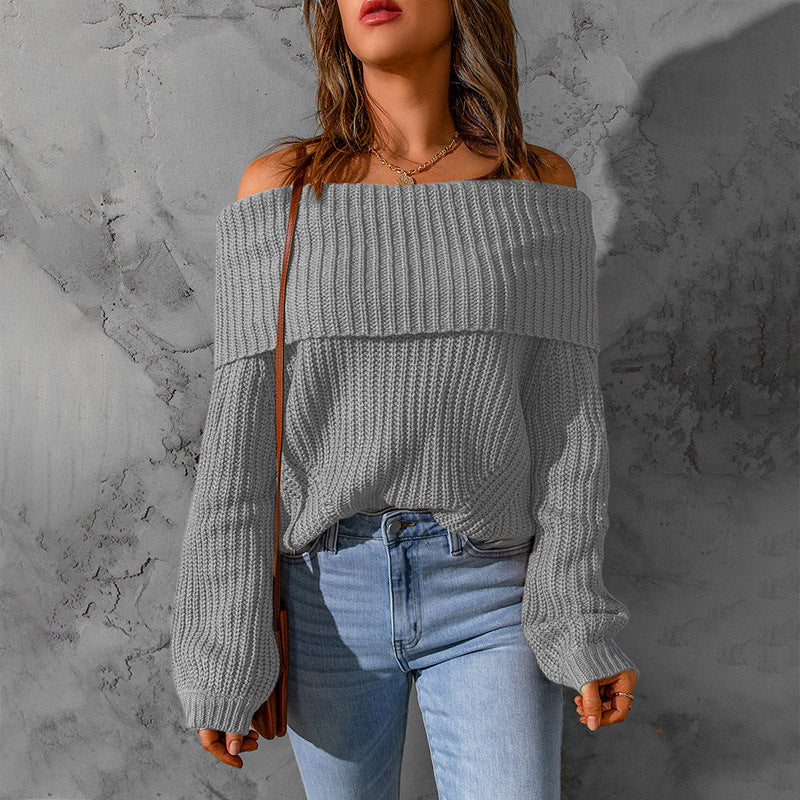 Damen nan weiter Off-Shoulder Grobstrickpullover mit überschnittener Schulterpartie und ballonärmeln Drune