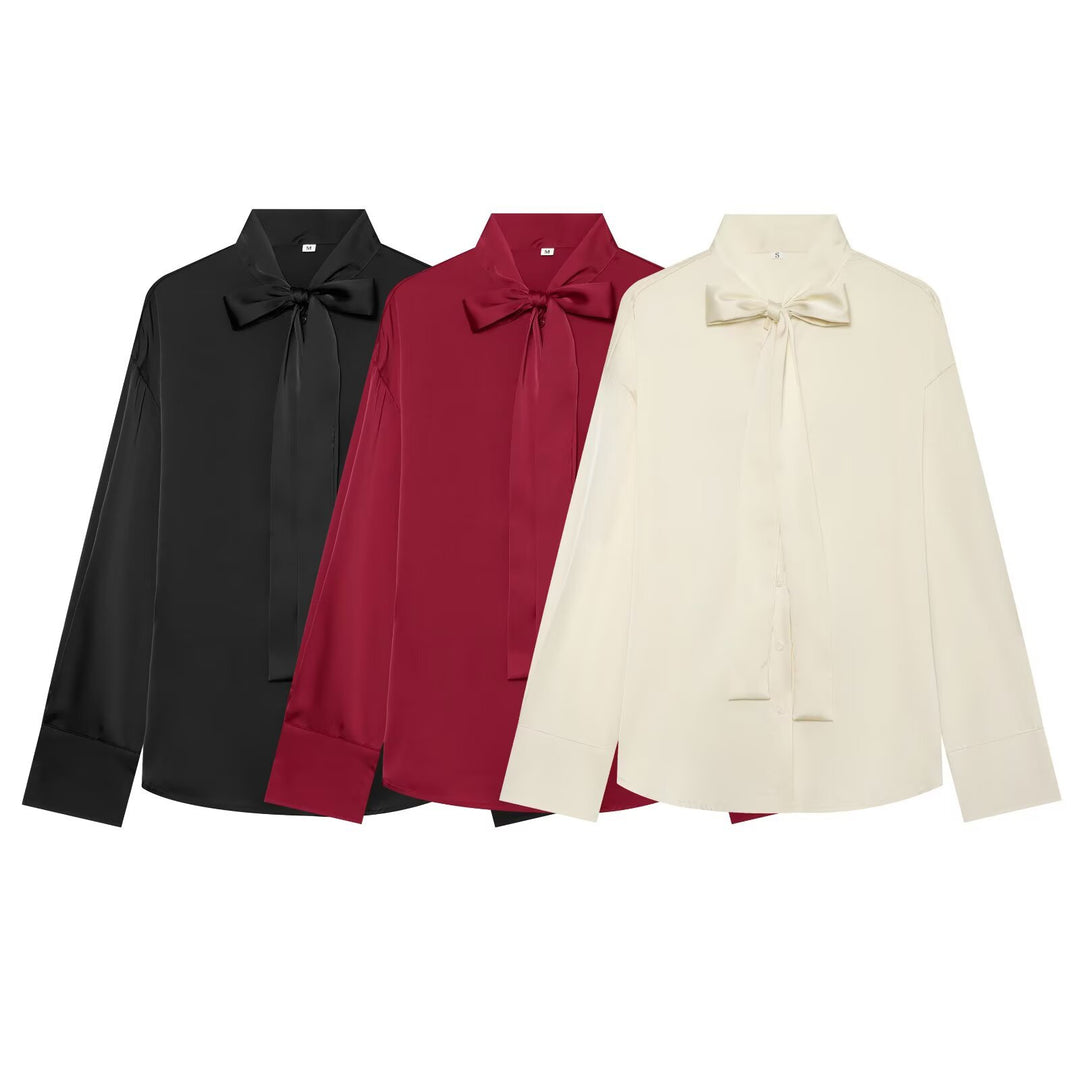 Damen Bluse mit Schleifenkragen und fließender Satin-Optik Drune