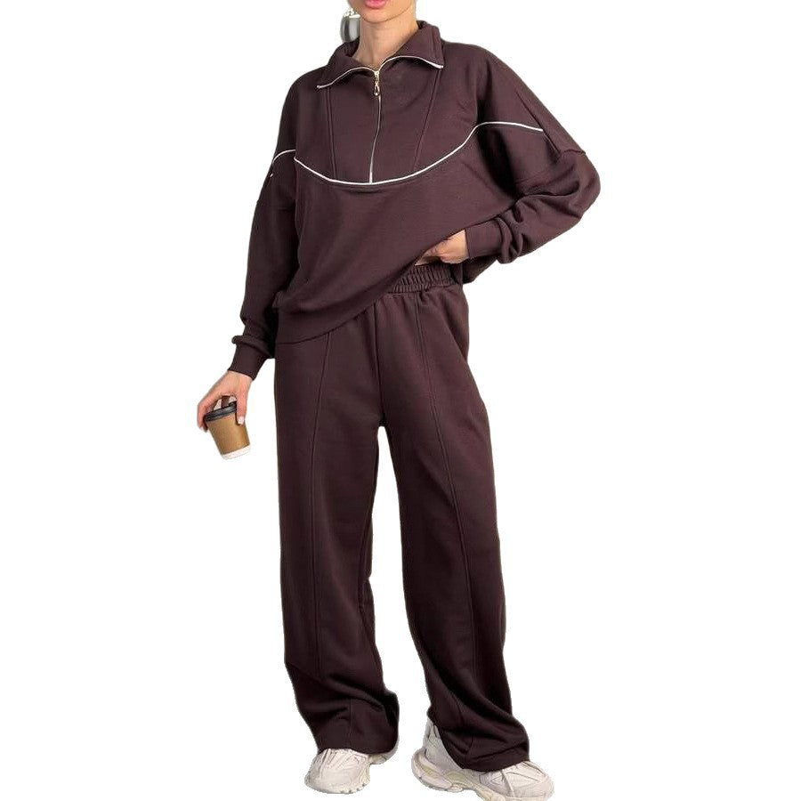 Damen Lockeres Loungewear-Set mit halbhohem Reißverschluss, überschnittenen Schultern und weiter Palazzohose Drune