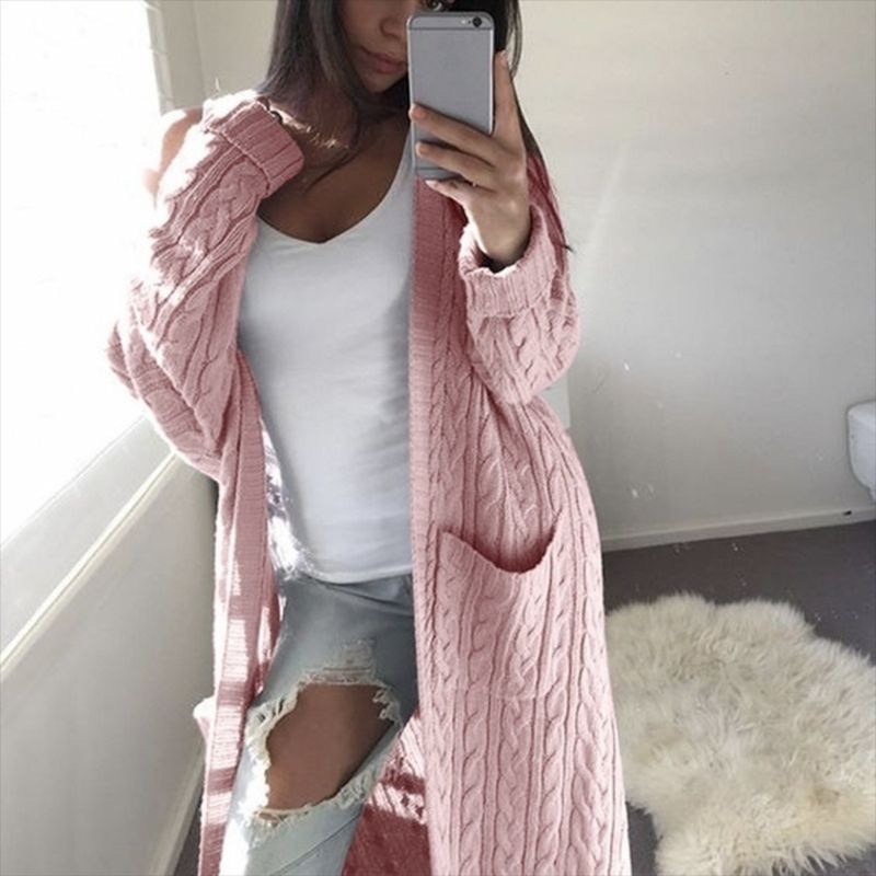 Damen Langer Oversize Zopfmuster-Strickcardigan mit Eingrifftaschen Drune