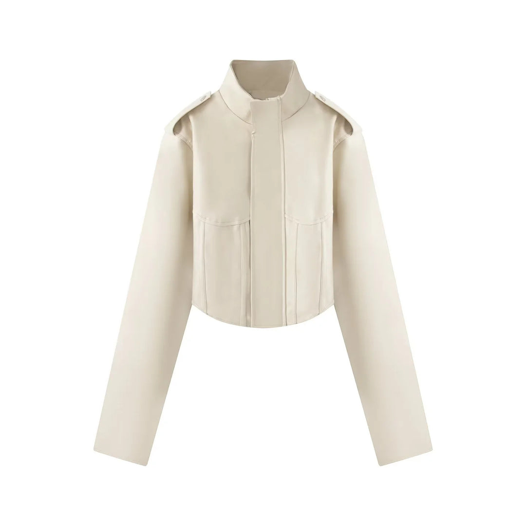 Damen nan kurzes Sculpted Korsettjacke mit Stehkragen, Epaulette‑Detail und verdeckter Druckknopfleiste Drune