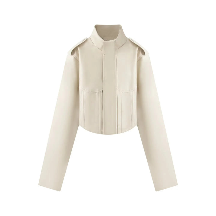Damen nan kurzes Sculpted Korsettjacke mit Stehkragen, Epaulette‑Detail und verdeckter Druckknopfleiste Drune