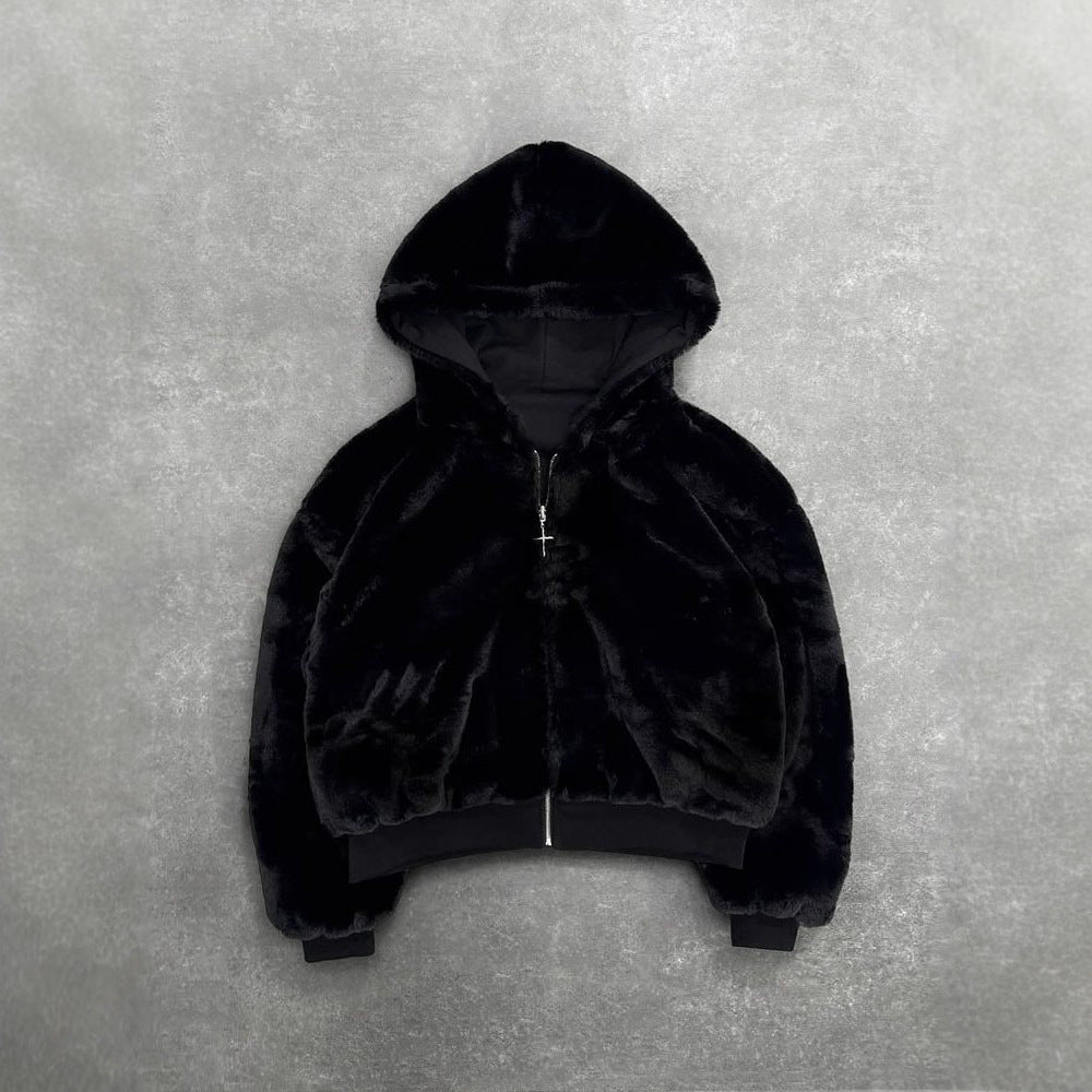 Unisex Kapuzen-Sweatjacke mit Kunstfellfutter, verkürztem Schnitt und Kreuz-Reißverschluss Drune