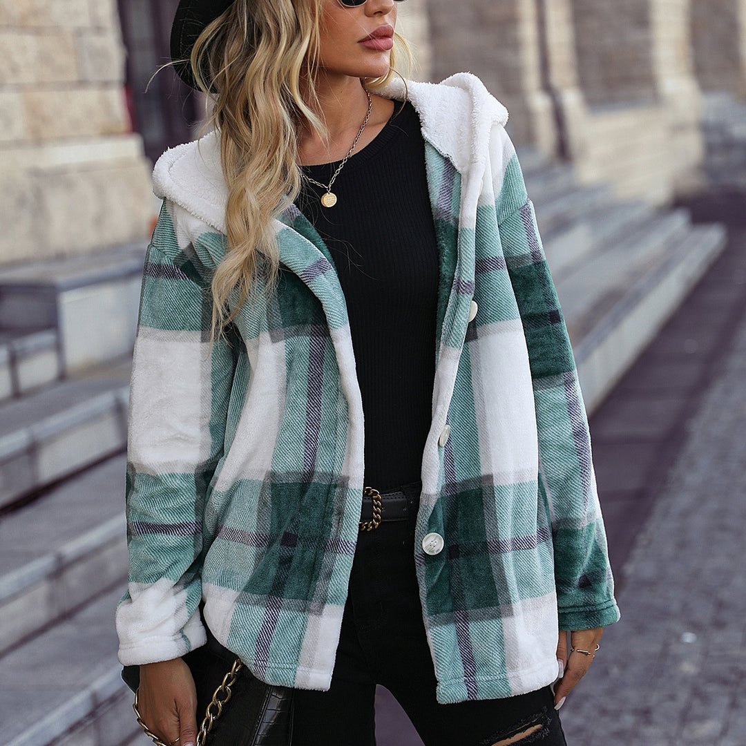 Damen Kuschelige Fleecejacke mit Kapuze und kariertem Design Drune