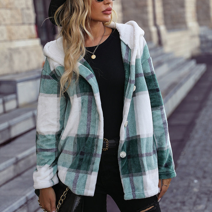 Damen Kuschelige Fleecejacke mit Kapuze und kariertem Design Drune