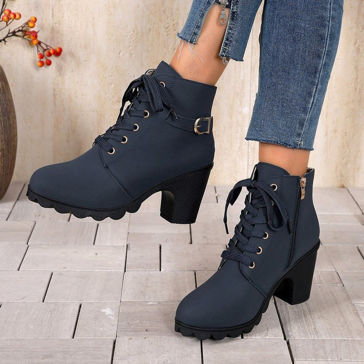 Damen nan knöchelhohe Schnür-Stiefelette mit seitlichem Reißverschluss, dekorativer Gürtelschlaufe, mittelhohem Blockabsatz und profilstarker Laufsohle Drune
