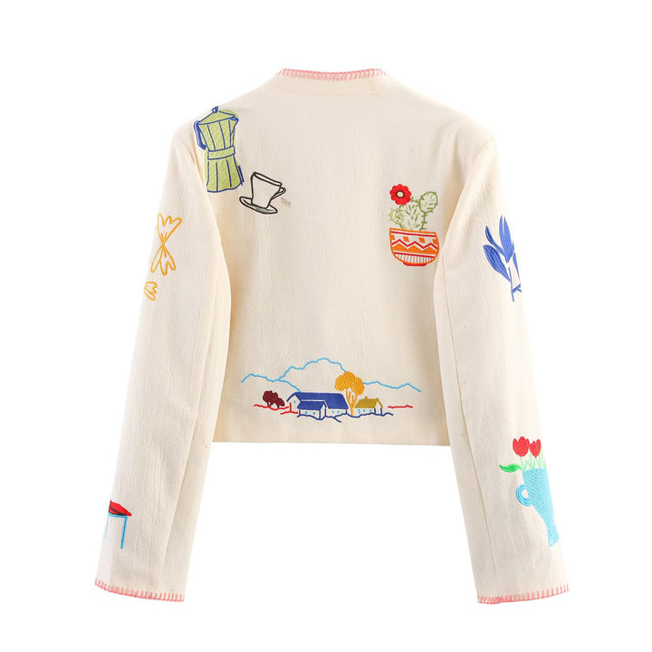 Damen bestickte Kunstlederjacke mit floralem Design Drune