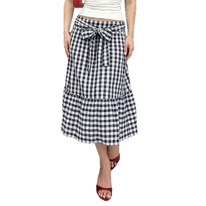 Damen Karierter Midirock mit hoher Taillenbinde und Stufenvolant Drune