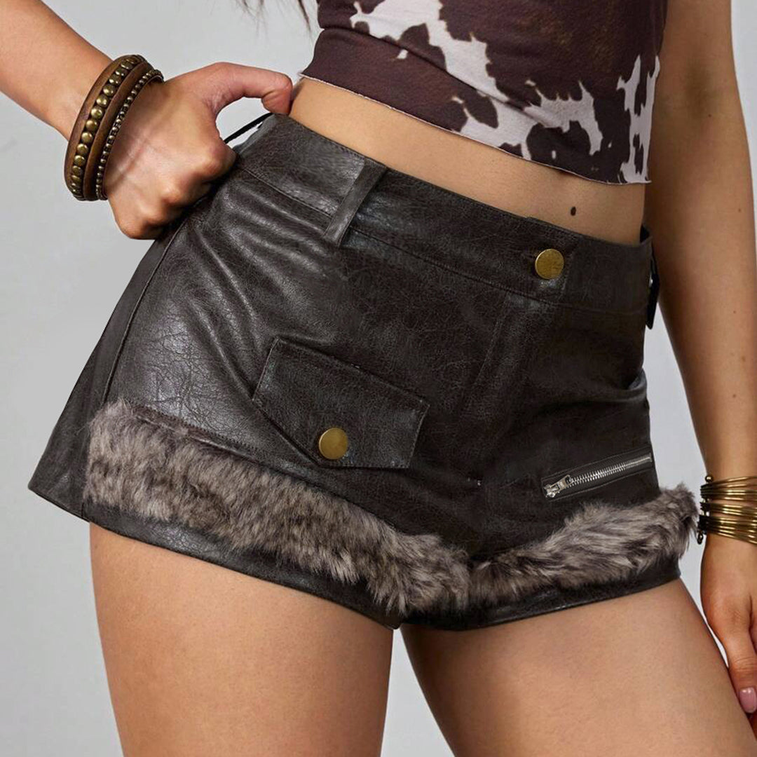 Damen Leder-Shorts mit Kunstfellbesatz Drune