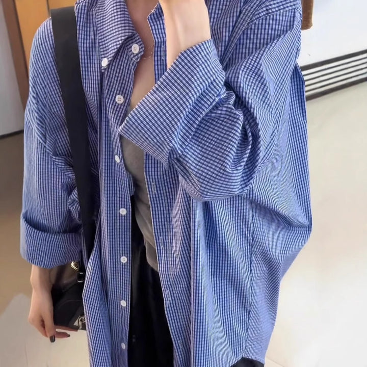 Damen Oversize-Hemd mit Vichy-Karo, weitem Fall und durchgehender Knopfleiste Drune