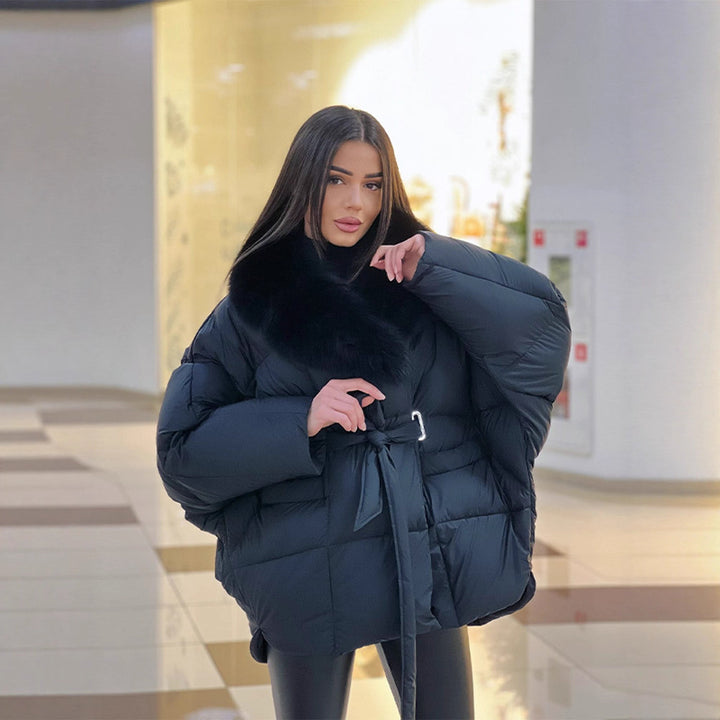 Damen Oversize Steppjacke mit Taillengürtel und Kunstfellkragen Drune