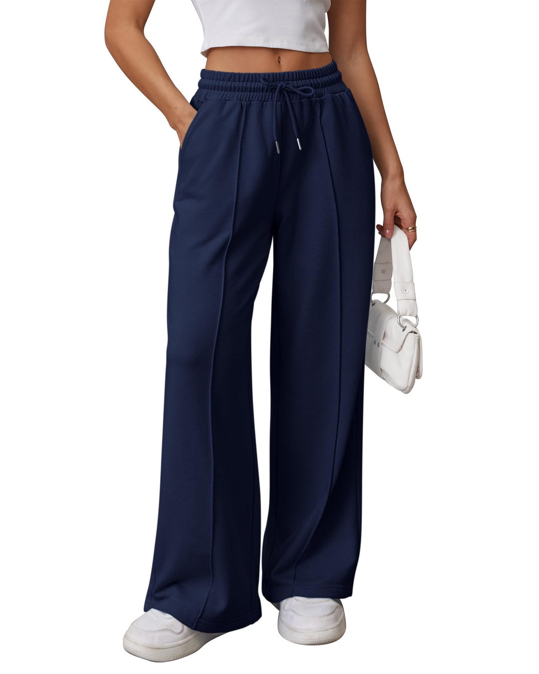 Damen nan High-Waist Relax-Freizeithose mit doppeltem Rippbund, sichtbarer Bügelfalte und weitem Bein Drune