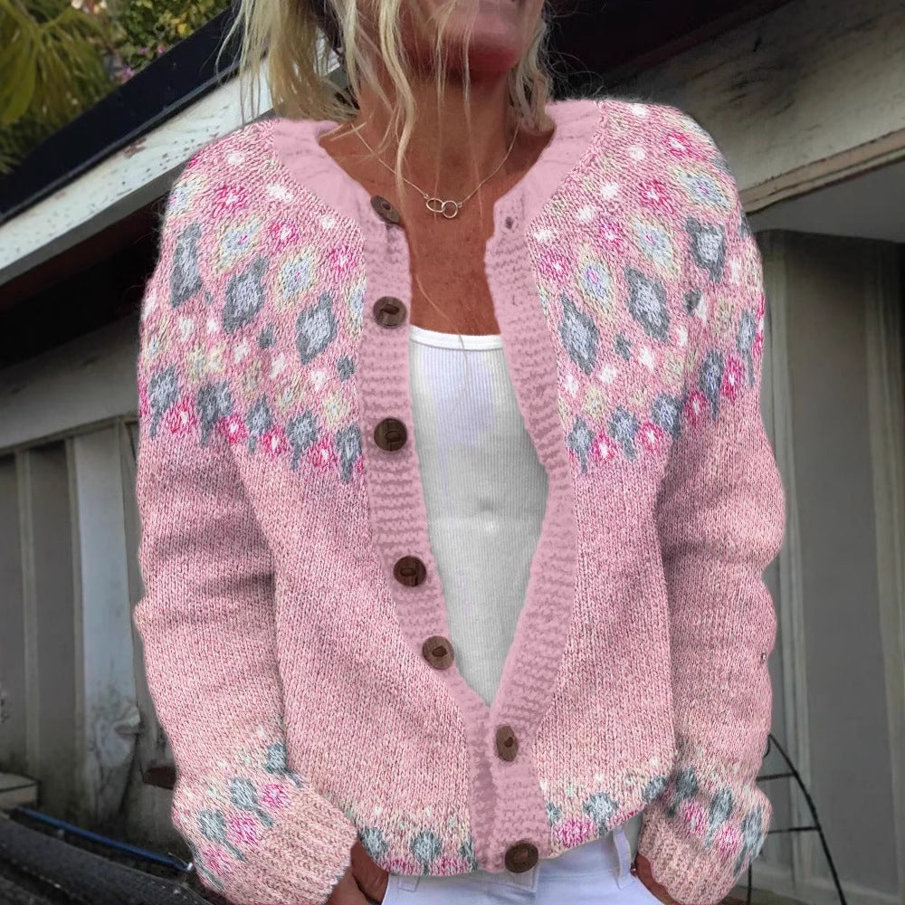 Damen nan gemusterte Strickjacke mit Rundpasse, Holzknöpfen und Eingrifftaschen Drune