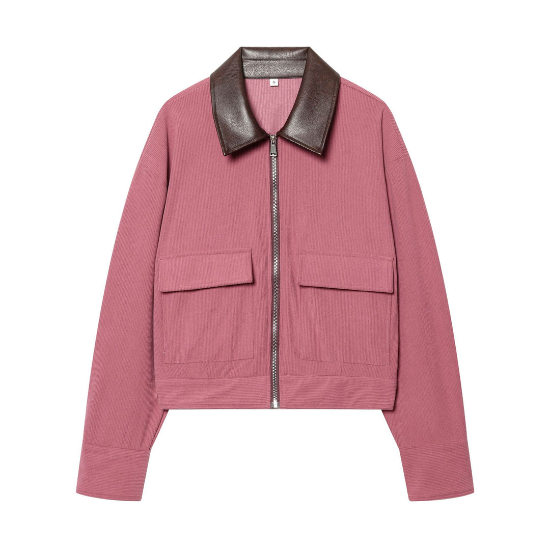 Damen nan cropped Cordjacke mit übergroßem Kunstlederkragen, Metallreißverschluss und großformatigen Pattentaschen Drune