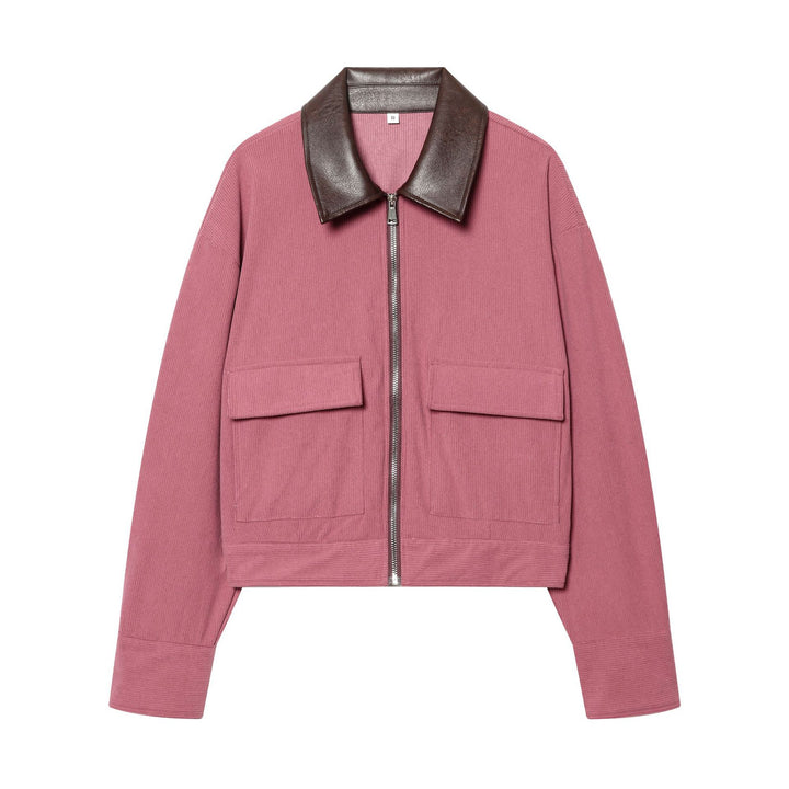Damen nan cropped Cordjacke mit übergroßem Kunstlederkragen, Metallreißverschluss und großformatigen Pattentaschen Drune