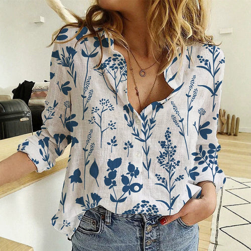 Damen nan lockere Leinenoptik-Bluse mit V-Ausschnitt botanischem Alloverprint und Dreiviertelärmeln Drune