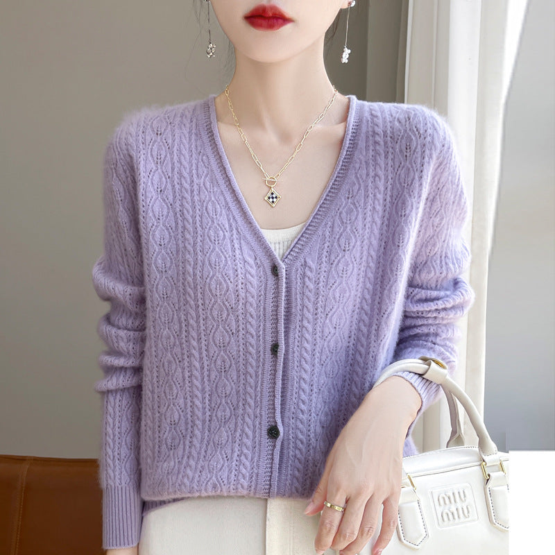 Damen Kurzer Zopfmuster-Cardigan im Mohair-Look mit V‑Ausschnitt und gerippten Bündchen Drune