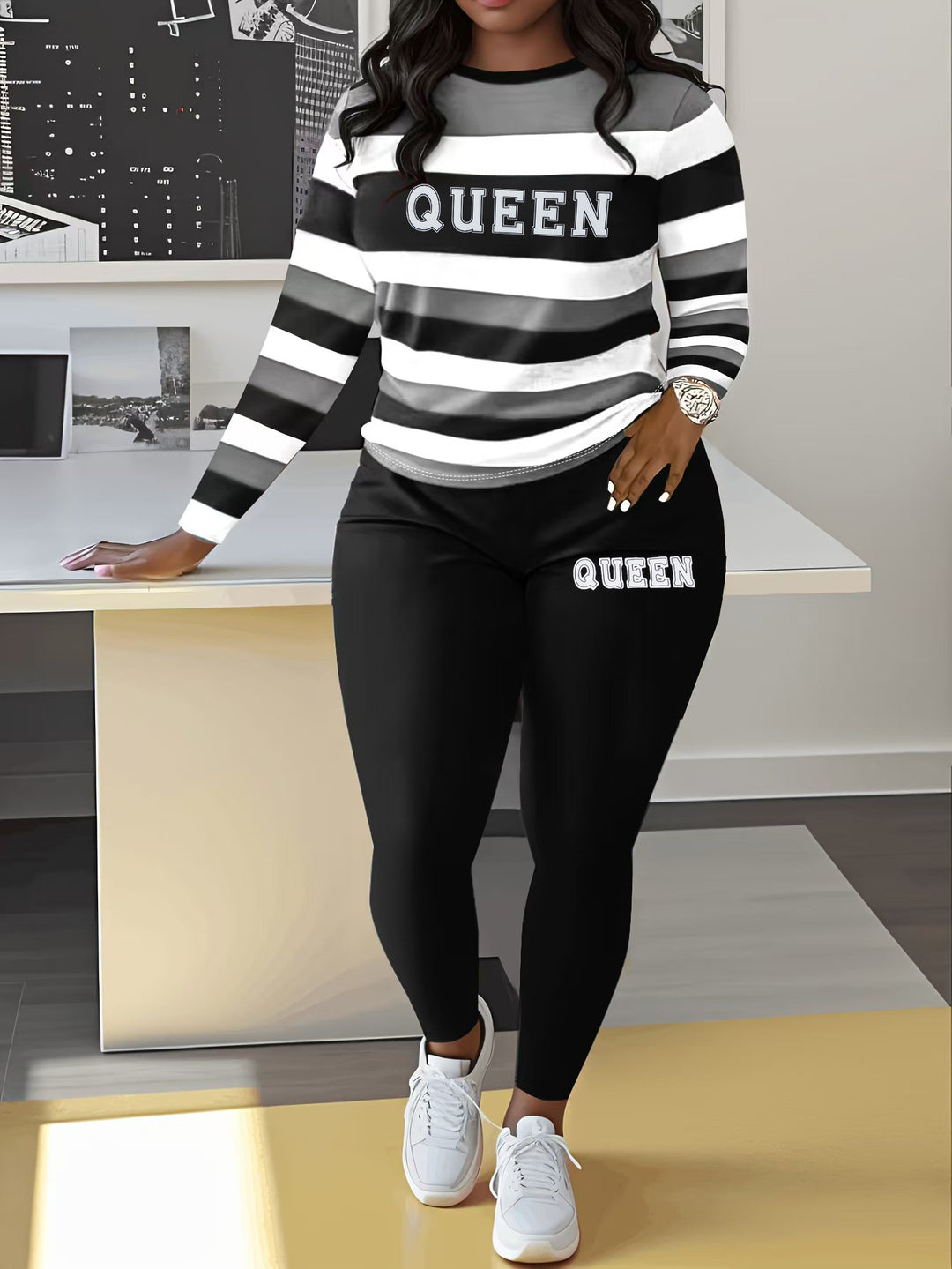 Damen Sportliches Zweiteiler-Set mit gestreiftem Oberteil und leggings Drune