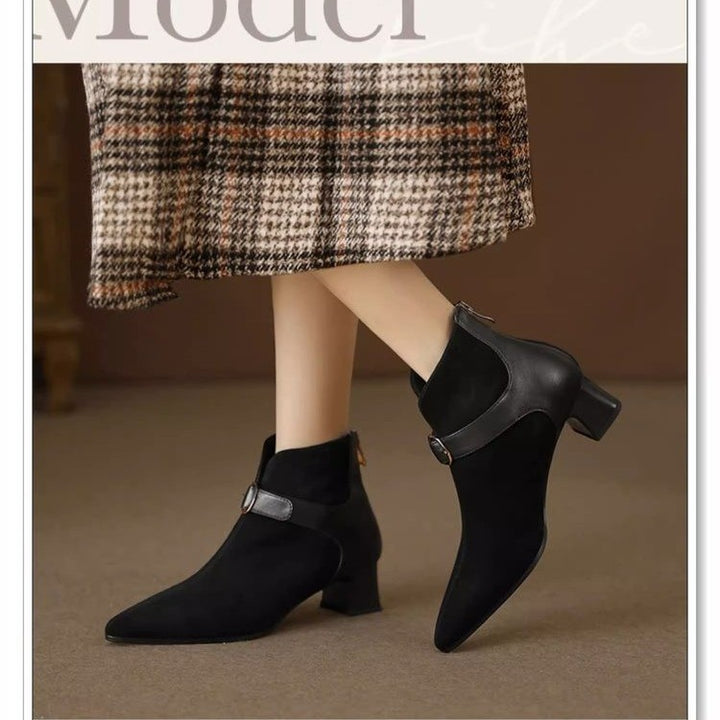 Damen elegante spitze Velours-Ankle-Boots mit mittelhohem Blockabsatz und Zierspange Drune
