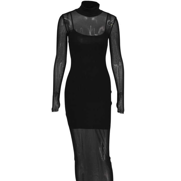 Damen figurbetontes Maxikleid mit langem Arm und elegantem Hochkragen Drune