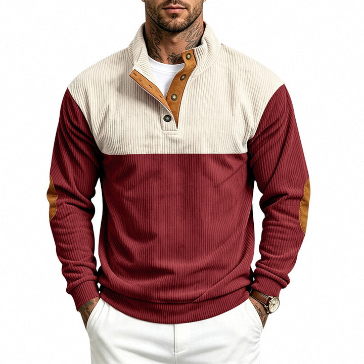Herren Strukturierter Troyer-Pullover mit Stehkragen, Druckknopfleiste und Ellbogen‑Patches Drune