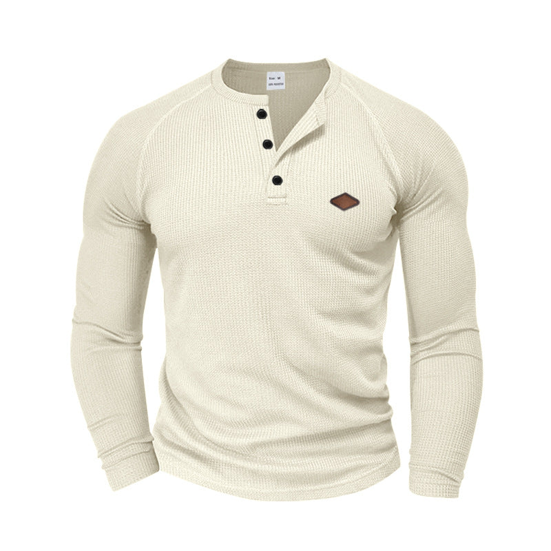 Herren nan strukturiertes Waffel-Henleyshirt mit kurzer Knopfleiste Raglanärmeln und Lederpatch Drune