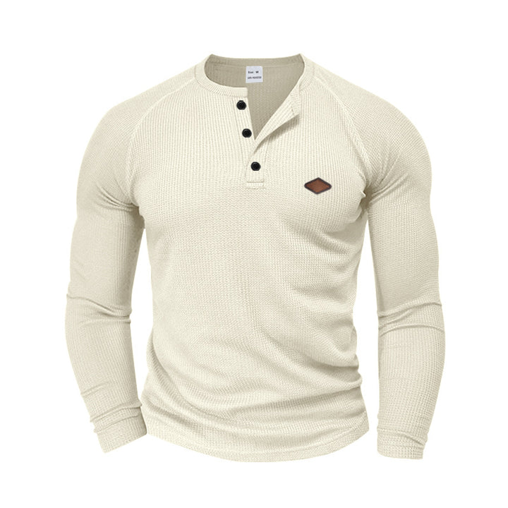 Herren nan strukturiertes Waffel-Henleyshirt mit kurzer Knopfleiste Raglanärmeln und Lederpatch Drune