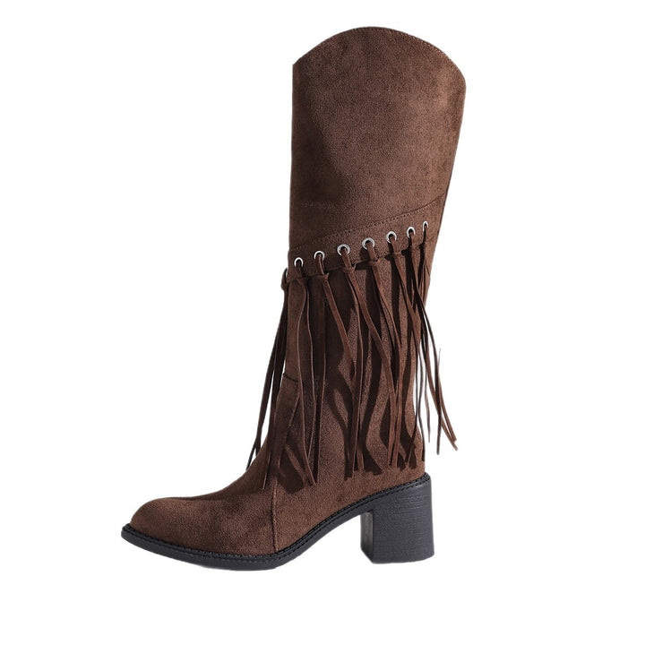 Damen wadenhohe Fransen-Stiefel in Wildlederoptik mit Ösendetail und mittelhohem Blockabsatz Drune