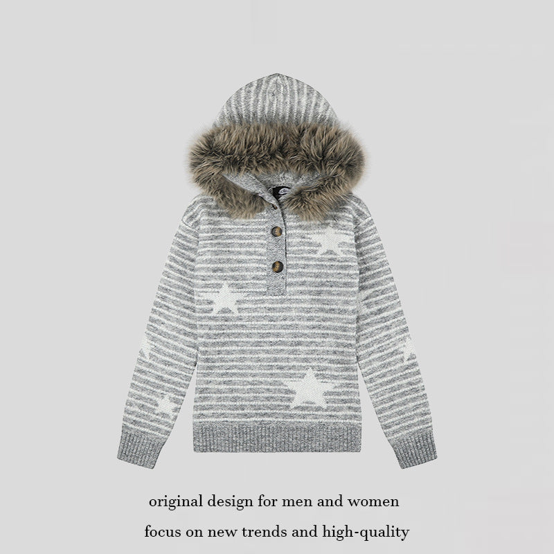 Damen Kapuzenpullover aus Feinstrick mit Kunstfellbesatz, Stern‑Streifenmuster und Knopfleiste Drune