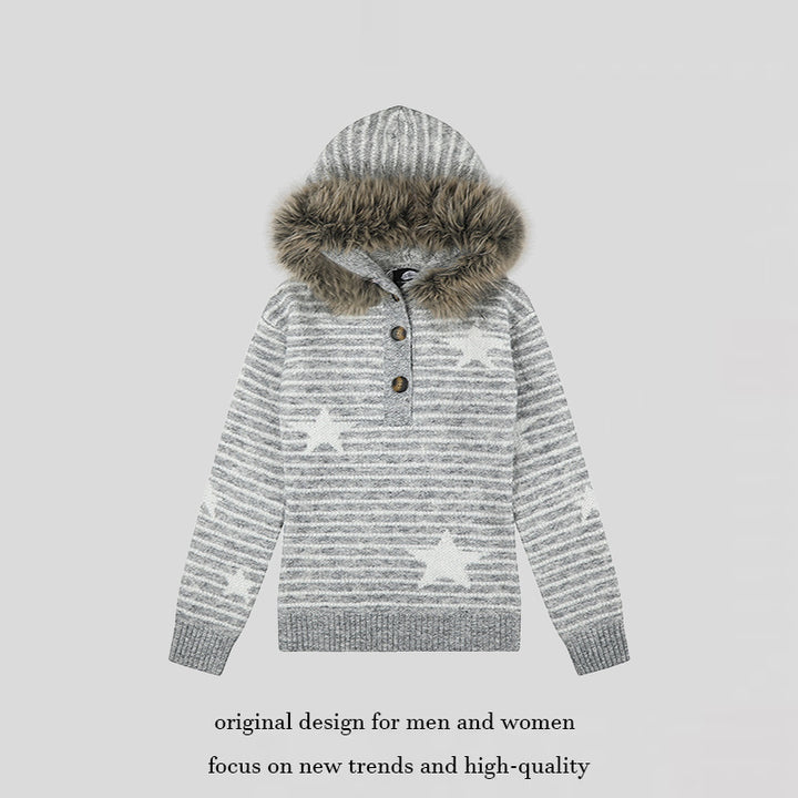 Damen Kapuzenpullover aus Feinstrick mit Kunstfellbesatz, Stern‑Streifenmuster und Knopfleiste Drune