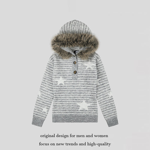 Damen Kapuzenpullover aus Feinstrick mit Kunstfellbesatz, Stern‑Streifenmuster und Knopfleiste Drune