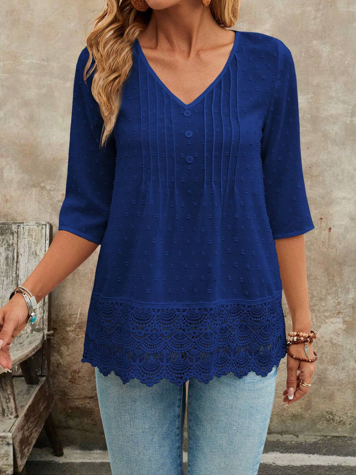 Damen Tunika Bluse mit Spitzenbesatz und strukturierten Pintucks Drune