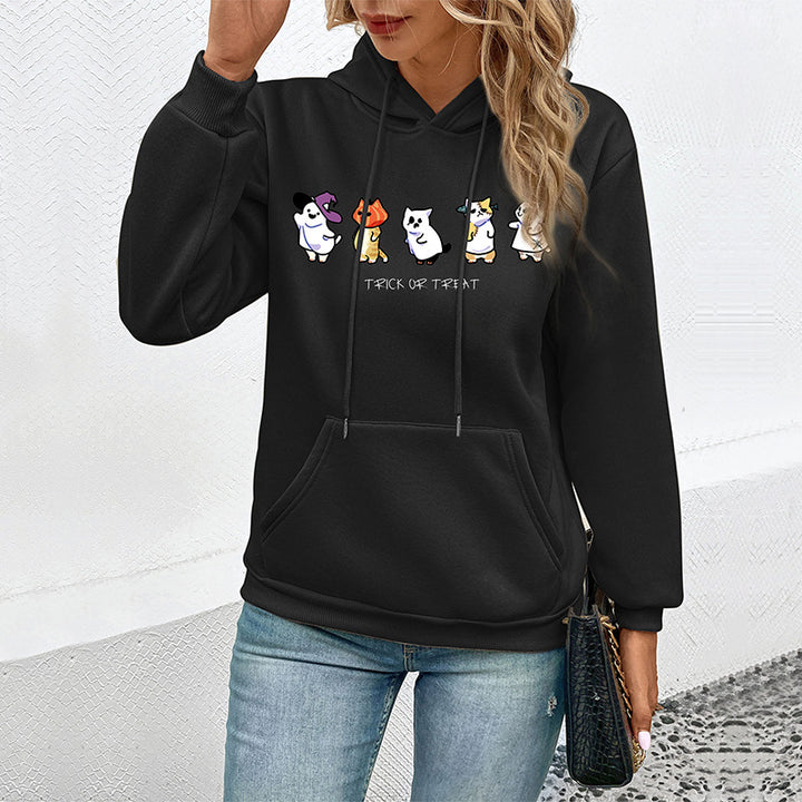 Damen Kapuzenpullover mit Cartoon-Katzen-Motiv, Kängurutasche und weichem Futter Drune