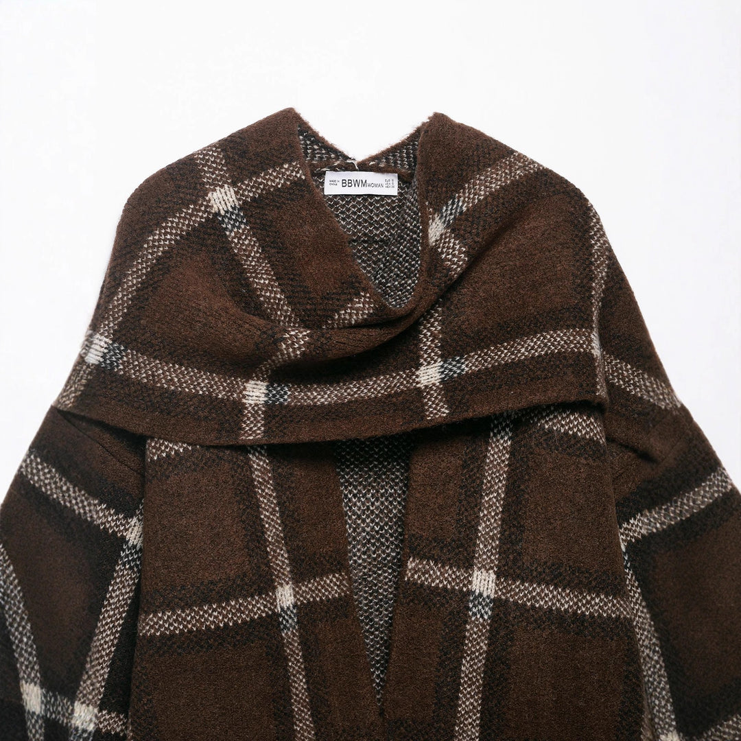 Damen Oversize Cape-Cardigan mit Kapuze, aufgesetzten Taschen und Karomuster Drune