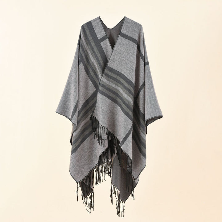 Damen Kastiger Ruana-Überwurf mit Fransen und diagonalem Streifenjacquard Drune
