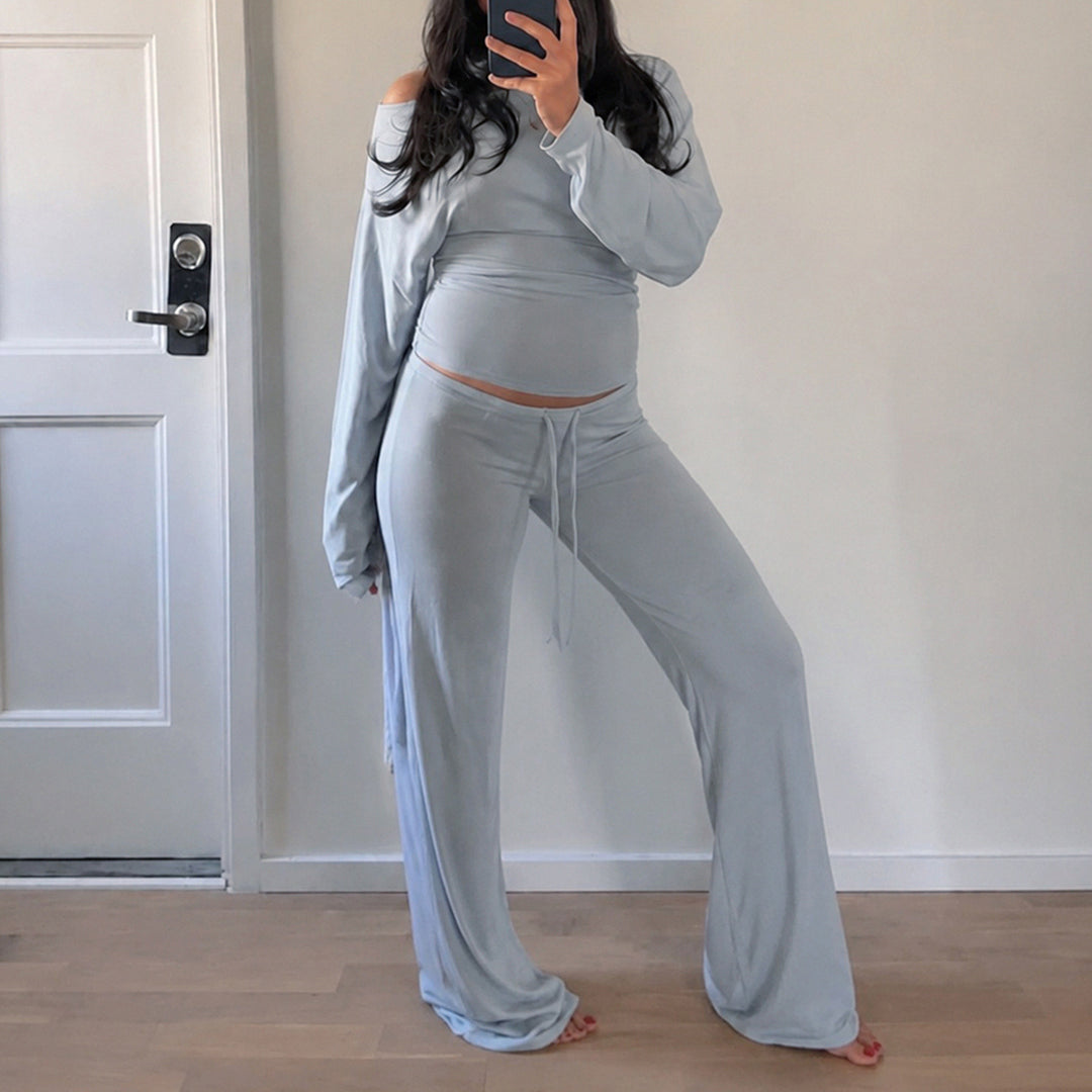 Damen Lounge-Set mit Off-Shoulder-Stretchtop und weiter Kordelbundhose Drune