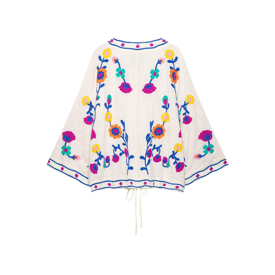 Damen Bestickter Kurz-Kimono mit floralem Stick und Bindegürtel Drune
