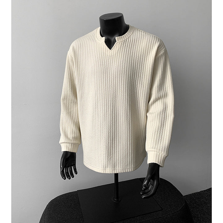 Herren nan grobstrukturierter Strickpullover mit V-förmigem Schlitzkragen und gerundetem Saum Drune