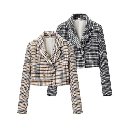 Damen Cropped Wollmischblazer mit Hahnentritt‑Muster und doppelreihiger Knopfleiste Drune