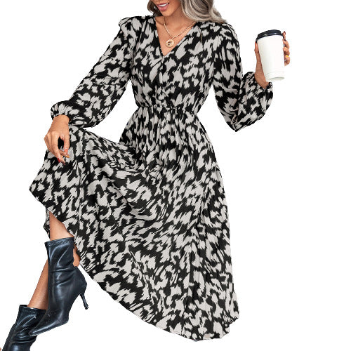 Damen Midi-Kleid mit elegantem V-Ausschnitt und voluminösen Ärmeln Drune